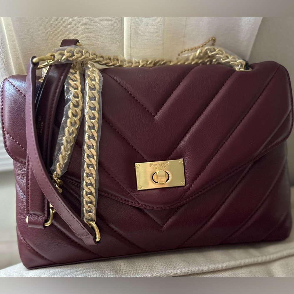 NWT MONCRIEF LONDON Cathryn Bordeaux Leather Flap Over Quilted Tote